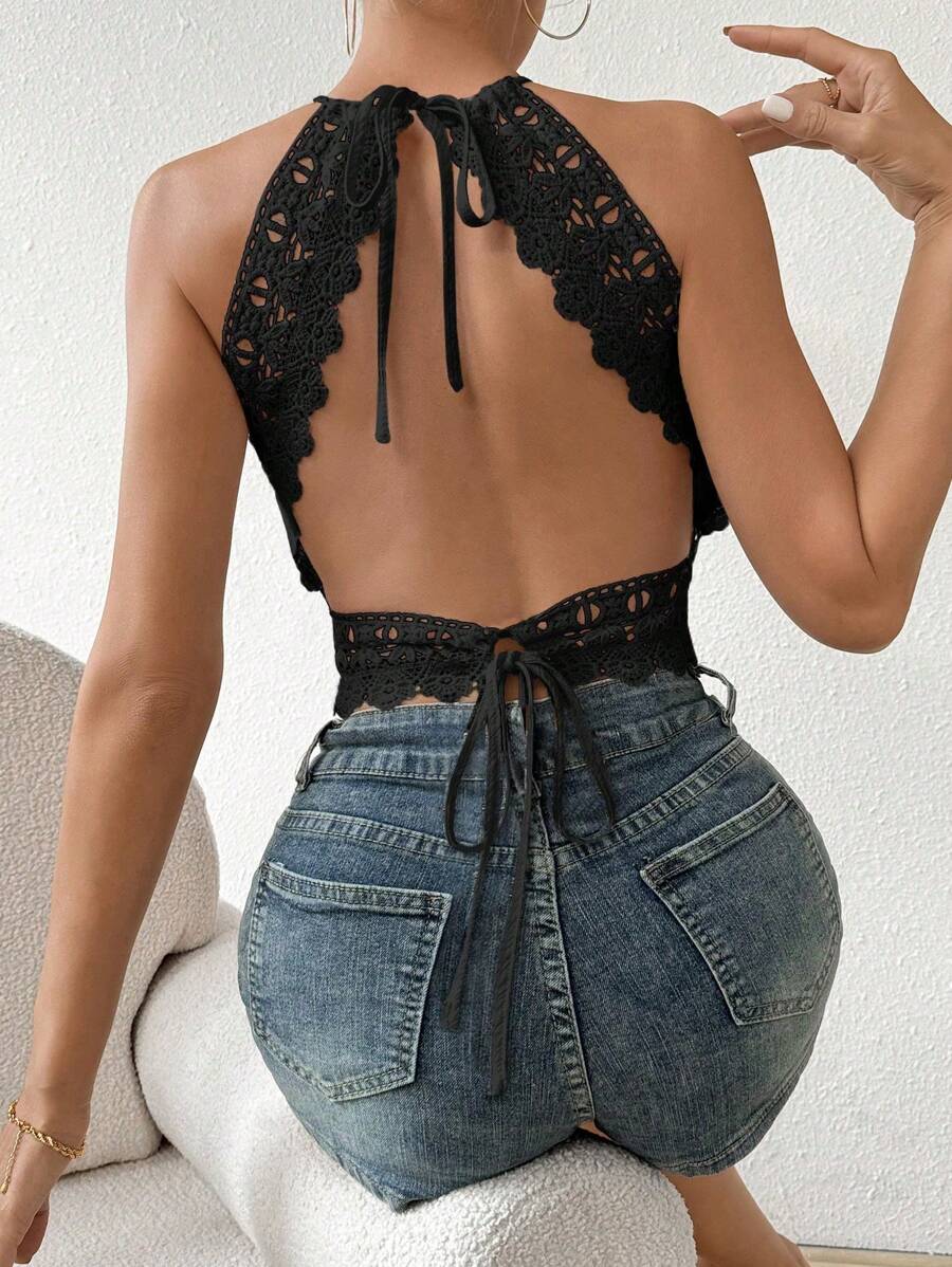 Firerie Guipure Lace Panel Backless Women Tank Top - Black - View 1