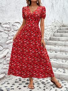 SHEIN LUNE Women's Leopard Print V-Neck Short Puff Sleeve Long Casual Summer Holiday Dress - Red - View 4