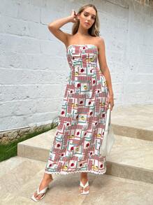 SHEIN Essnce Women's Summer Fruit Printed Maxi Strapless Casual Dress - Multicolor - View 4