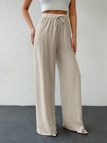 EURMUSE Quần cotton nữ cao cấp có nút thắt màu trơn - Màu be - Xem 4