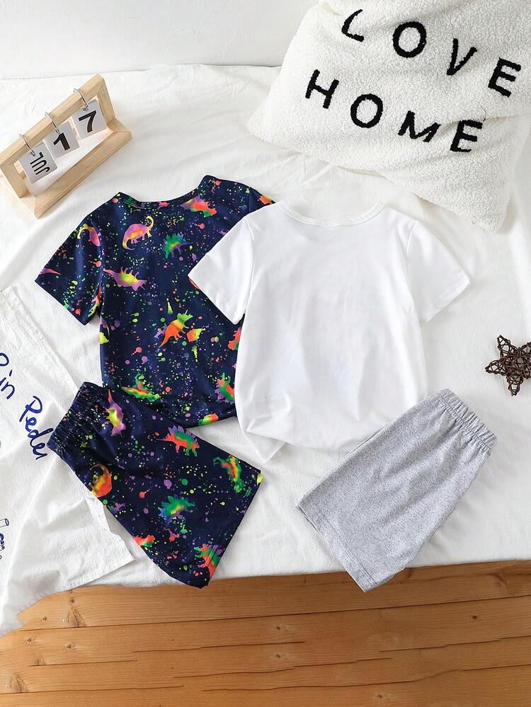 Young Boy Cool Fluorescent Dinosaur Printed Shorts And Short Sleeve Casual 2pcs Home Wear Pajamas Set