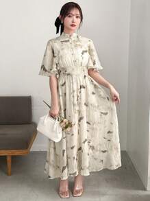 FRIFUL 女士优雅短袖全身印花褶皱连衣裙，夏季太阳裙 - 彩色 - 查看 4