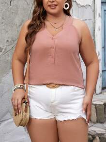 SHEIN LUNE Plus Size Summer Solid Color Notched Neck Front Button Tank Top - White - View 5
