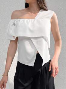 Modelyn Women's Summer Casual Solid Color Asymmetric Collar Open Slit Shirt - White - View 3