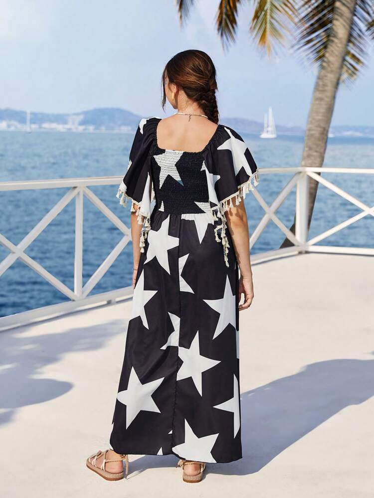 Teen Girl Casual Elegant Star Print Fringed Dress, Vacation