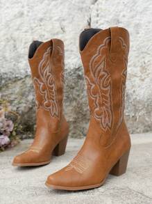 2025 秋冬女式西部牛仔靴尖头中筒靴刺绣粗跟靴时尚马靴 - 駝色 - 查看 4