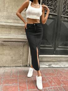 EURMUSE Split Thigh Denim Skirt - Grey - View 1