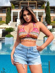 SHEIN SXY Vacation Summer Beach Seaside Holiday Retro Pattern Printed Halter Neck Crop Top For Women
