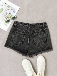 SHEIN Teen Girl Ripped Denim Shorts With Frayed Hem And Pockets - Black - View 2