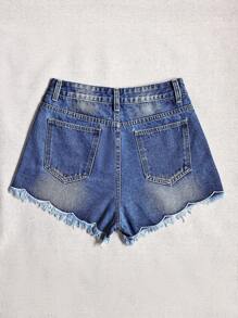SHEIN Essnce Women's Pocket Patchwork Raw Hem Plant Printed Casual Denim Shorts - Blue - View 2