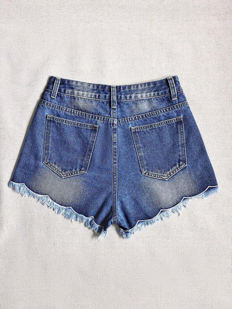 Women's Pocket Patchwork Raw Hem Plant Printed Casual Denim Shorts