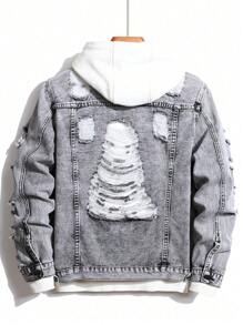 Manfinity EMRG Men Ripped Flap Pocket Denim Jacket Without Hoodie, Plain Grey Party Grunge Rapper Denim Jacket