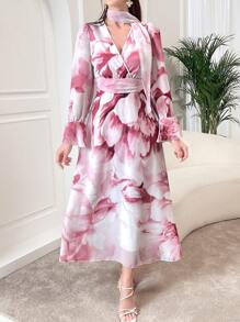 Modelyn 女性優雅花卉印花長洋裝，波浪袖，春夏季節 - 彩色 - 查看 4