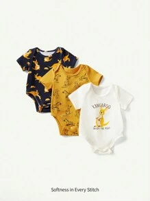 Cozy Pixies Newborn Baby Boy Cartoon Kangaroo Pattern Soft Knit Round Neck Short Sleeve Bodysuit With Lap Shoulder Three-Pack - Navy Blue - View 1