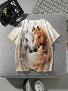 SHEIN Tween Boy Fine Horse/ Casual Minimalist Horse Pattern Round Neck Short Sleeve T-Shirt Suitable For Summer - White - View 2