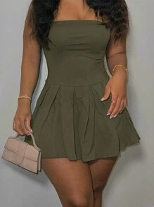 Women Solid Color Strapless Dress With Ruffled Hemline And Sleeveless Design, Summer - Green - View 1