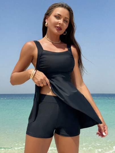 Swim Lushoire Ladies' Solid Color Vacation Style  Swim Dress With Shorts, Summer Beach Full Coverage Swim Wear