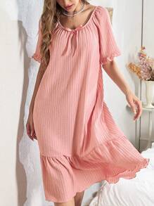 Solid Color Jacquard Loose Ladies Sleep Dress With Ruffle Trim