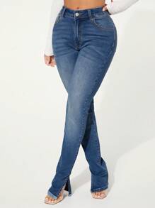 SHEIN SXY Quần jeans có túi Slim Fit xẻ tà thời trang và đa năng - Rửa tối - Xem 5