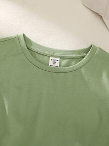 SHEIN 男孩實色短袖t恤,休閒圓領套頭,寬鬆版型 - 綠色 - 查看 3