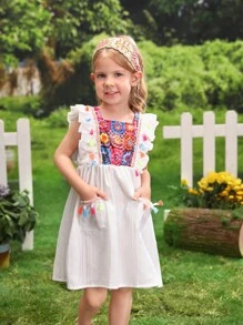 SHEIN Young Girl's Colorful Tassel Decorated Cap Sleeve Dress