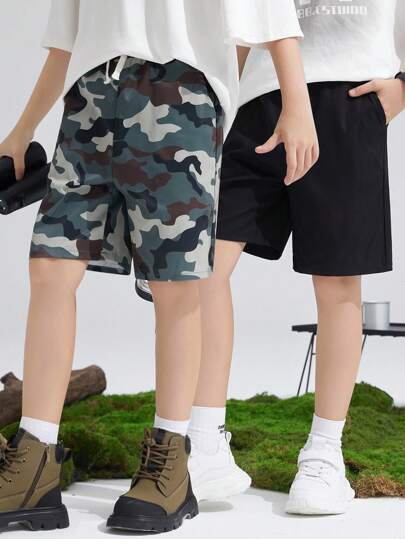 SHEIN 青少年男孩松身休閒編織迷彩與純色短褲2件裝