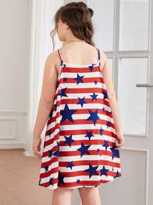 SHEIN Tween女孩加大尺碼基本款紅白條紋帶星條紋印花針織背心裙，適用於春夏季