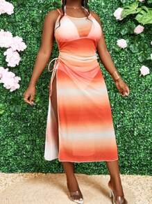 SHEIN Swim Women Beach Gradient Side Drawstring Split Cami Dress Cover Up Summer - Multicolor - View 5