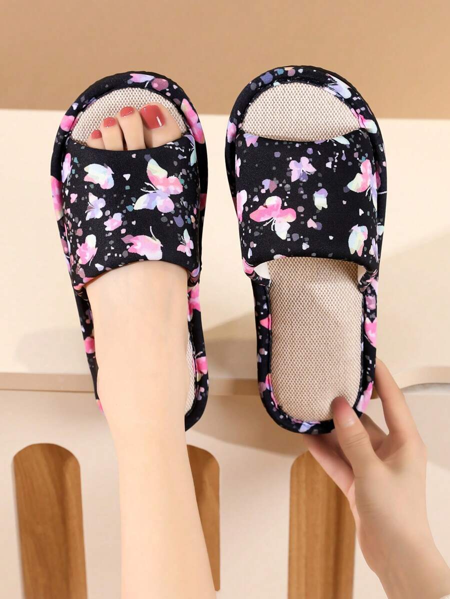 女士季节性亚麻家居拖鞋，秋冬季防滑吸湿亚麻面料可爱情侣地板拖鞋，毛绒拖鞋 - 白色 - 查看 1