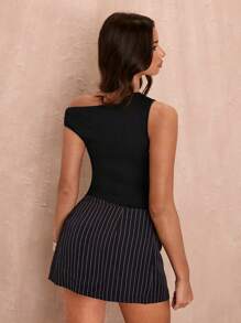 SHEIN BAE Summer Asymmetrical Oblique Shoulder Pleated Hem Decorated Button Hollow Out Sleeveless Women Top - Black - View 2