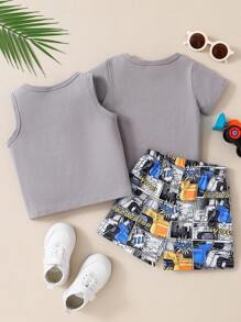 Baby Girl Summer Cartoon Printed Short-Sleeve Top And Top Matched With Elastic Waist Shorts Outfits - Multicolor - View 2