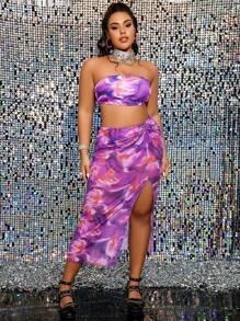 Swim EVENT Plus Size Women's Tie Dye Bandeau Bikini Set With Cover Up Skirt And Half Sleeve Top, Holiday,Summer Beach - Multicolor - View 4