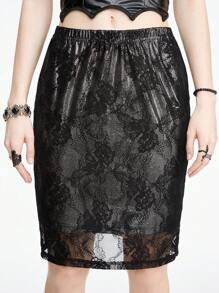 ROMWE Gothic Lace Floral & Metallic Skirt For Women With Reflective Interior Fabric - Green - View 4