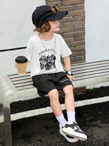 SHEIN 2 Stücke/Set lässige Hose und Outfit mit Reißverschluss-Deko für kleine Jungen