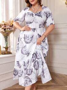 Mulvari Printed Short Sleeve A-Line Dress With Square Neckline - Apricot - View 1