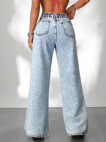 SHEIN PETITE Women's Casual Wide-Leg Jeans With Slit Hem And Diagonal Fly, Blue