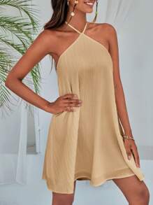 SHEIN VCAY 女性時尚夏季純色垂直條紋海灘度假風格連衣裙 - 卡其色 - 查看 4