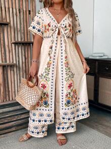 Breezaya Plus Size Women Boho Elegant Vacation Multicolor Retro Twist Cut-Out Plus Size Boho Tee & Wide Leg Palazzo Pants 2 Pieces Set Summer
