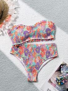 SHEIN Swim Ladies' Resort Floral Print Ruffle Bandeau Bikini Set With Sexy, Summer Beach - Multicolor - View 4