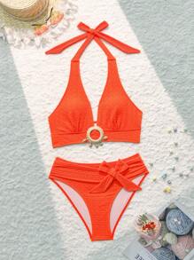 Swim Vcay Bộ Bikini Màu Trơn Cho Nữ Có Kết Nối Tròn Và Cà Vạt Cổ, Bộ Bikini Gợi Cảm, Bãi Biển Mùa Hè - Màu Cam cháy - Xem 6