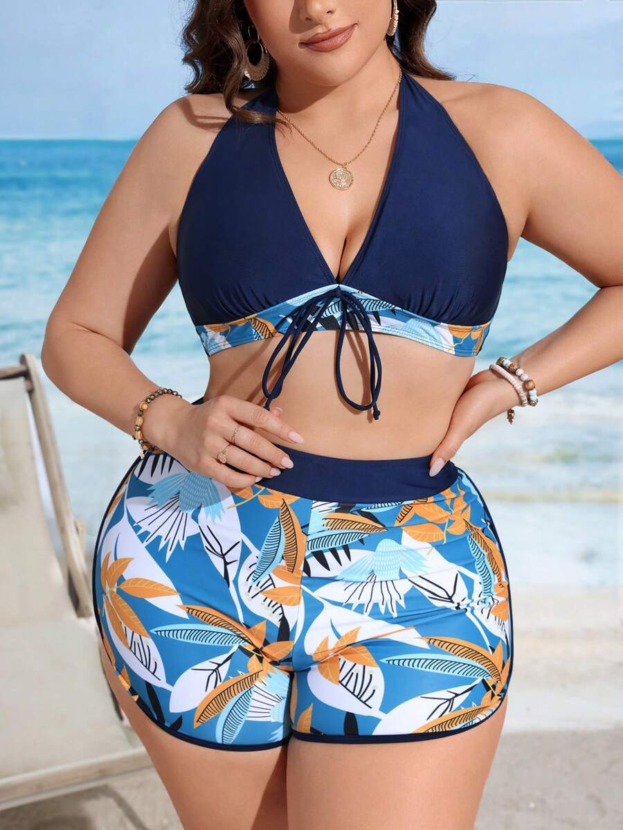 Swim Lushoire Plus Size Women's Beach Vacation Tropical Plant Print Halter Neck Tie Shorts Sexy Bikini Set,Summer Beach
