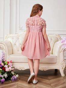 SHEIN Vestido de malla bordado de manga corta para niña preadolescente para fiesta de graduación de primavera/verano - Rosa - Ver 2