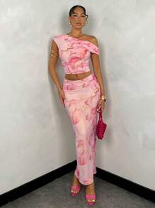 SHEIN BAE Women's Summer Marble Mesh Printed Asymmetrical Ruched Tight-Fitting Set With Oblique Shoulder Strap For Vacation - Multicolor - View 1