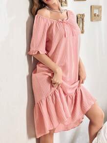 Solid Color Jacquard Loose Ladies Sleep Dress With Ruffle Trim