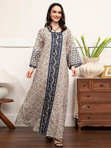 Elegant Round Neck Long Sleeve Geometric Embroidery Regular Modest Dress, Kaftan - Apricot - View 4