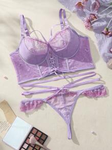 SHEIN Plus Size Lace Splicing Tie-Up Fashionable And Sexy Lingerie - Purple - View 1