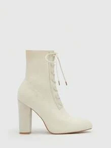 女性系帶設計粗跟一腳蹬彈力靴,優雅淺褐色的織物中筒靴 - 米色 - 查看 3