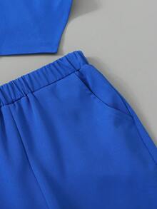 SHEIN Conjunto de pantalón largo sin mangas Street-Style para niña preadolescente, tejido sólido de color con cuello en V para mezclar y combinar en primavera y verano - Azul - Ver 5