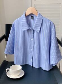 Comfortcana Blue Striped Loose Cropped Shirt