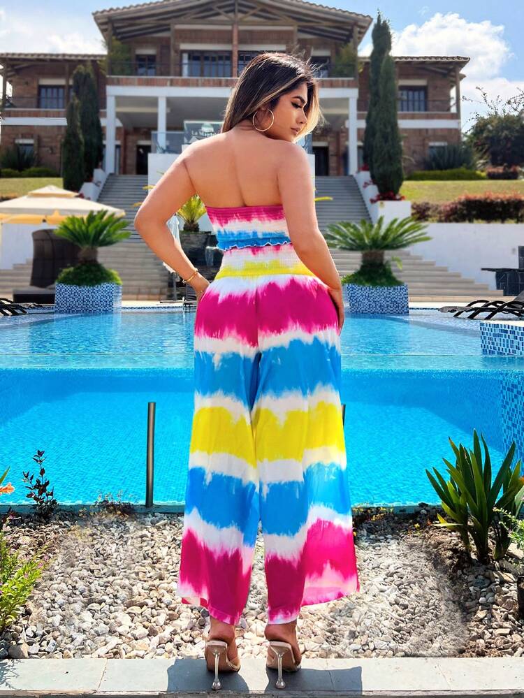 Rainbow Tie-Dye Printed Chiffon Strapless Top & Loose Fit Wide Leg Pants, Women's 2pcs Summer Vacation Outfit
